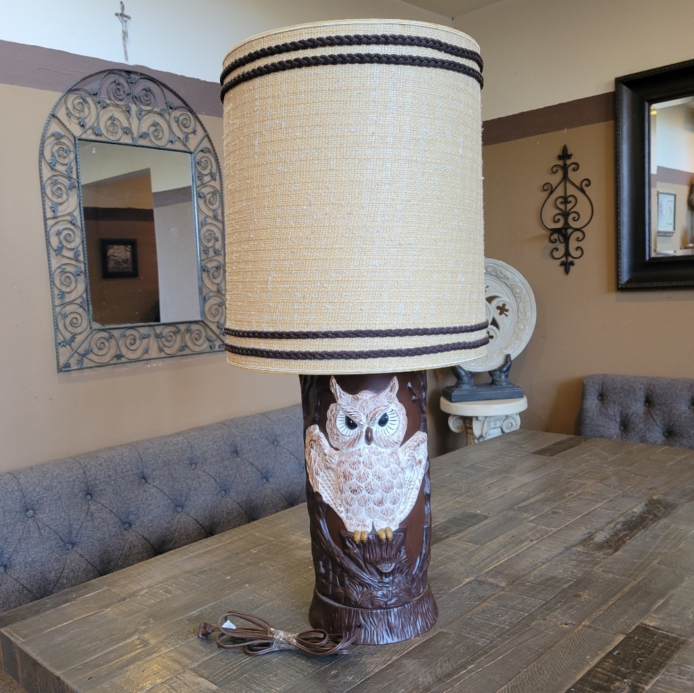 Vintage Owl Lamp Brown Tree Look White Owl Swivel Spin Base Ceramic Fabric Shade